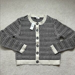 NWT LOFT Black and Cream Open Stitch Cotton Textured Cardigan Women’s L